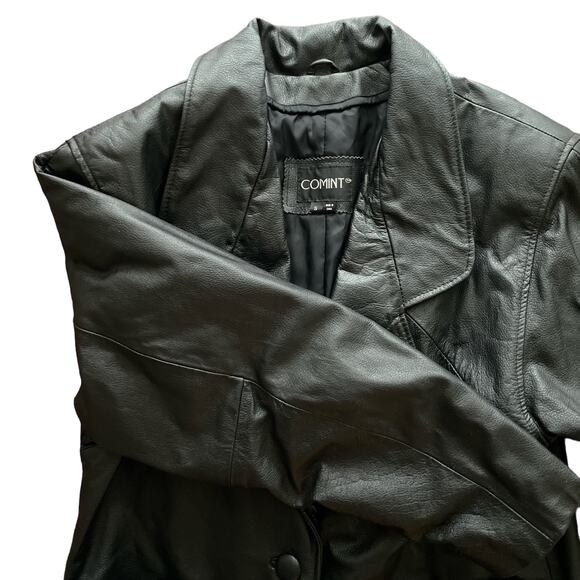 1990s VTG Comint Black 100% Leather Full Length Heavyweight Trench Coat Small - Picture 5 of 7